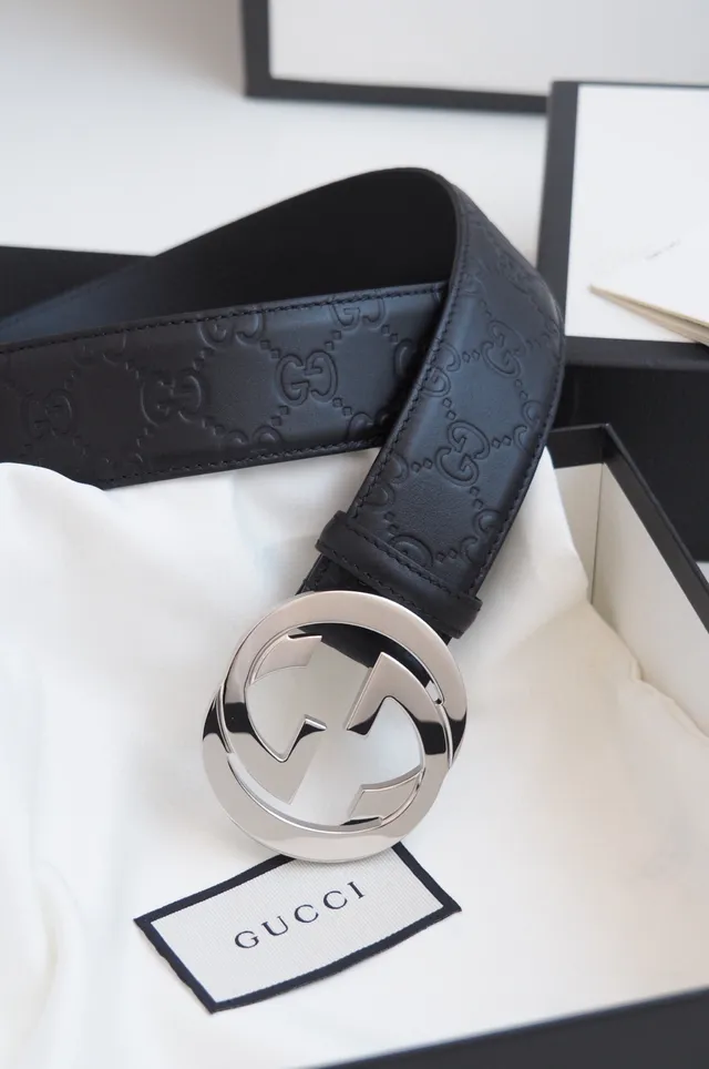 Gucci Double G Belt Black Gold Embossed GG Monogram Interlocking Buckle Leather Belt 7