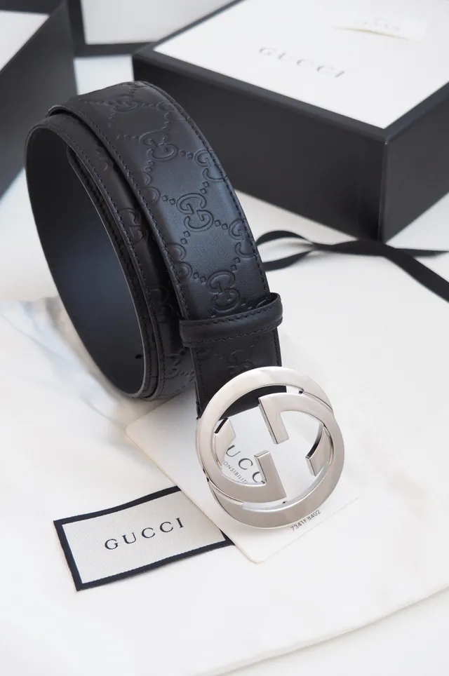 Gucci Double G Belt Black Gold Embossed GG Monogram Interlocking Buckle Leather Belt 8