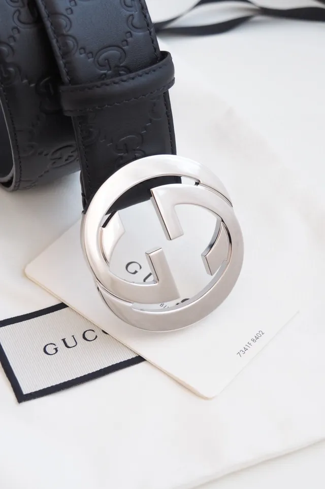 Gucci Double G Belt Black Gold Embossed GG Monogram Interlocking Buckle Leather Belt 9