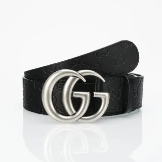 Gucci Double G Belt Black Silver Embossed GG Monogram Interlocking Buckle Leather Belt