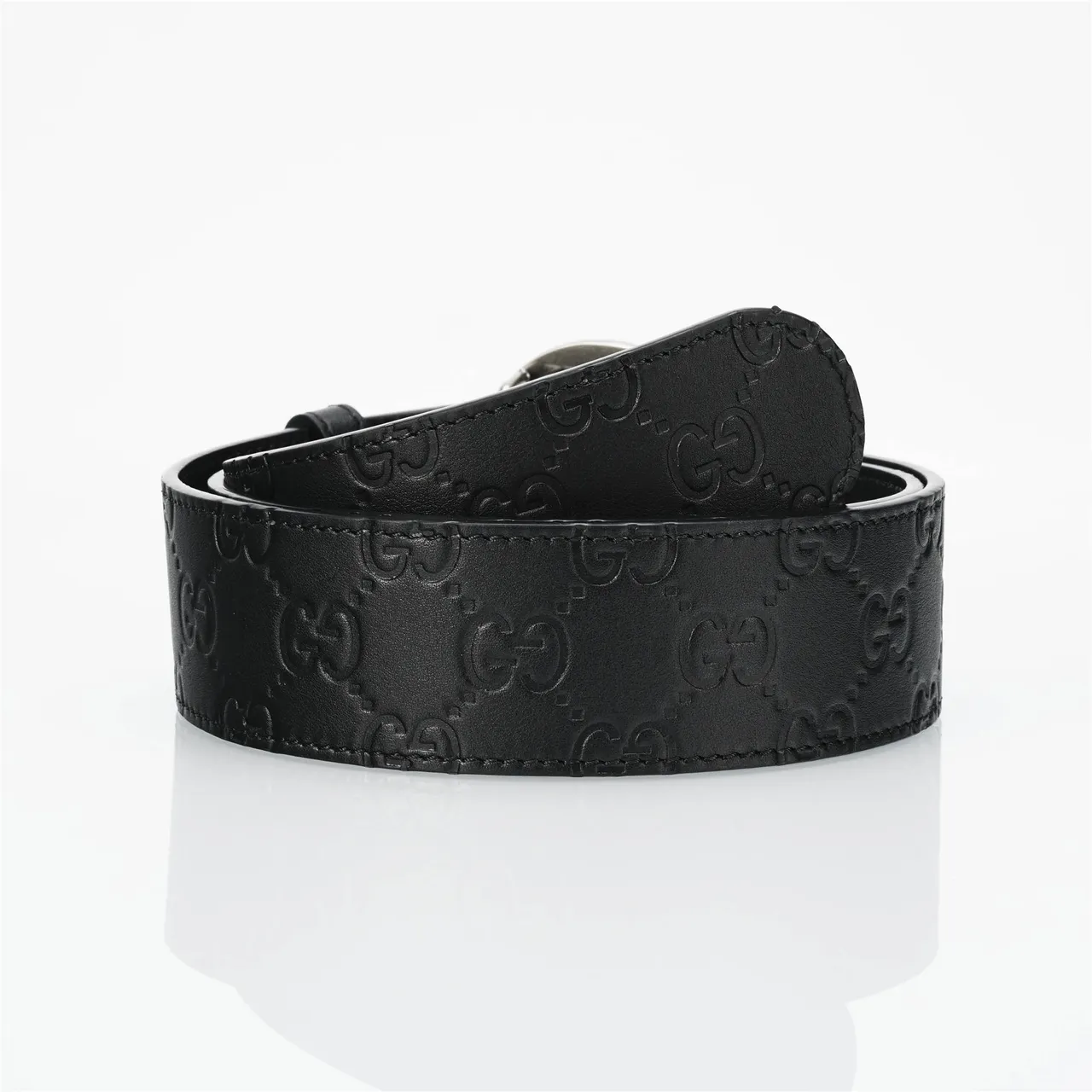 Gucci Double G Belt Black Silver Embossed GG Monogram Interlocking Buckle Leather Belt 3