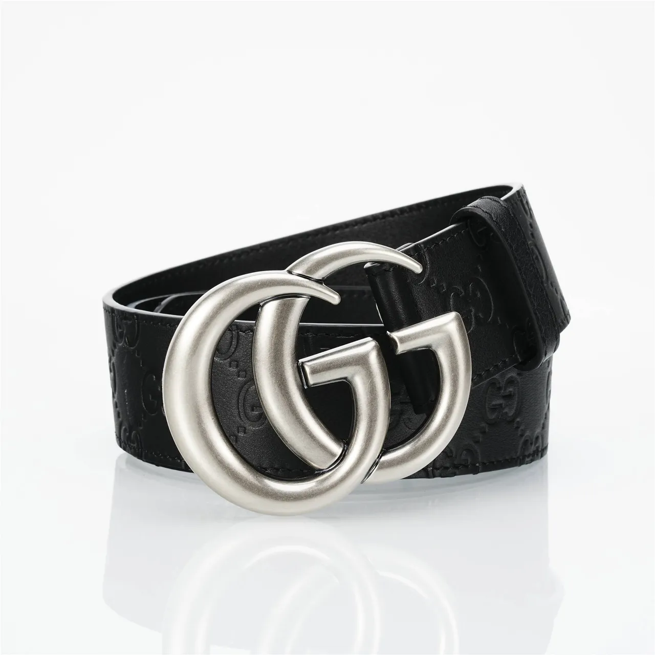 Gucci Double G Belt Black Silver Embossed GG Monogram Interlocking Buckle Leather Belt 4