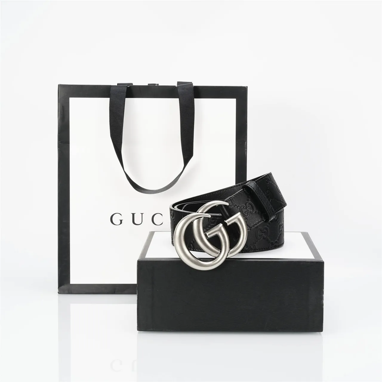 Gucci Double G Belt Black Silver Embossed GG Monogram Interlocking Buckle Leather Belt 5