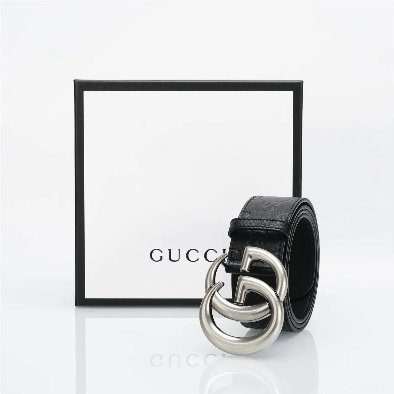 Gucci Double G Belt Black Silver Embossed GG Monogram Interlocking Buckle Leather Belt 6