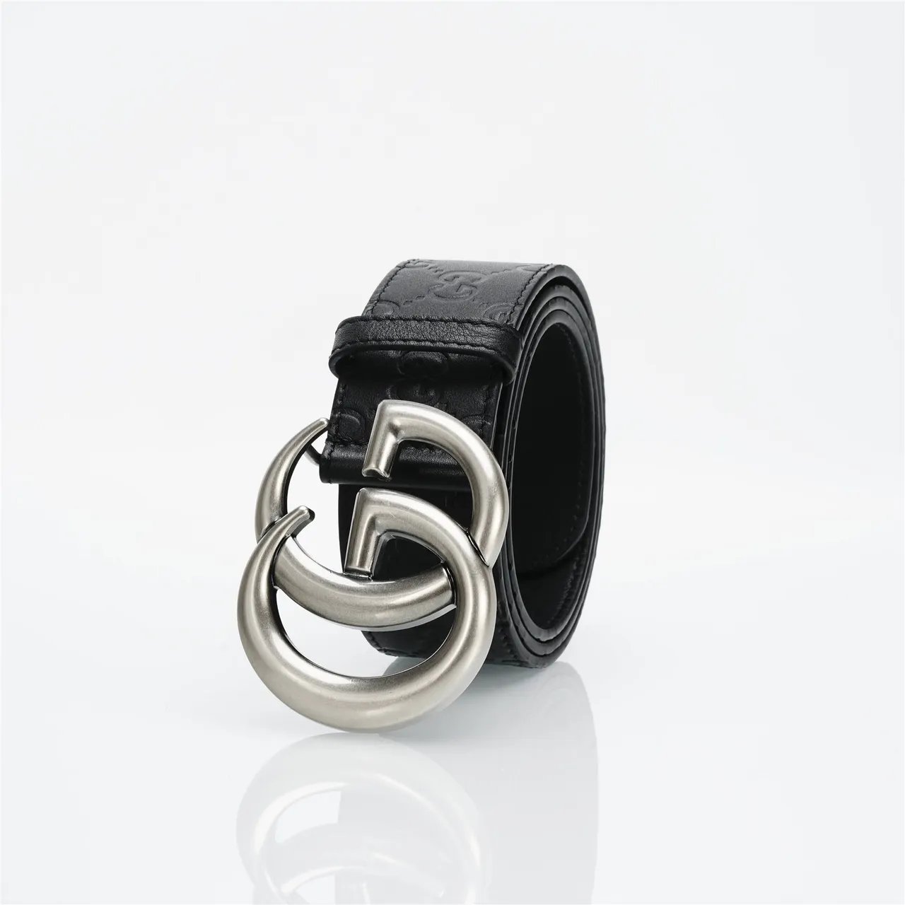 Gucci Double G Belt Black Silver Embossed GG Monogram Interlocking Buckle Leather Belt 7