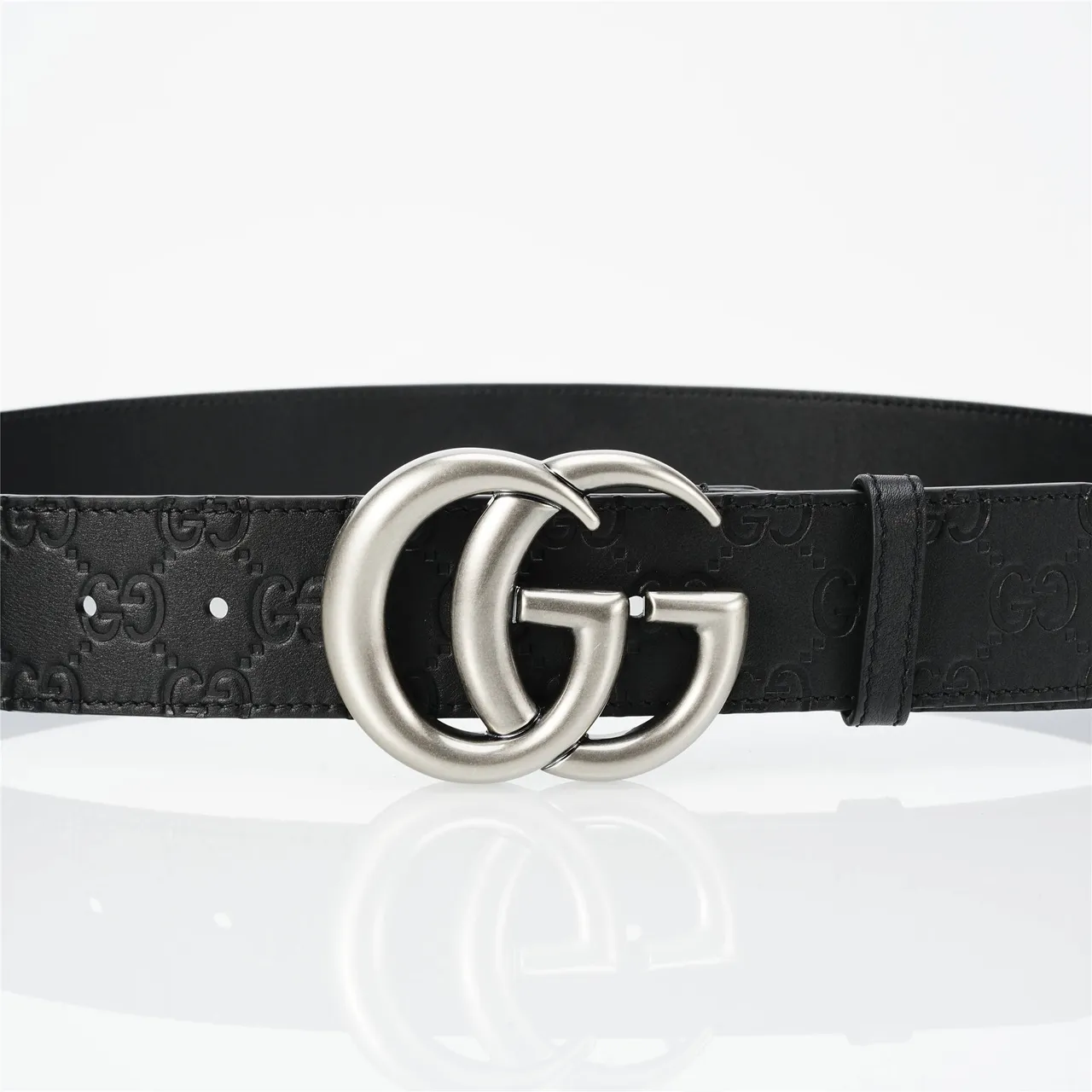 Gucci Double G Belt Black Silver Embossed GG Monogram Interlocking Buckle Leather Belt 9