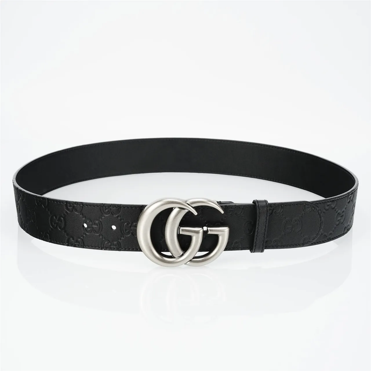 Gucci Double G Belt Black Silver Embossed GG Monogram Interlocking Buckle Leather Belt 10