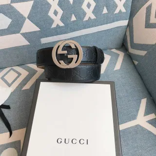 Gucci Double G Belt Black Silver Interlocking Buckle GG Monogram Embossed Leather Belt