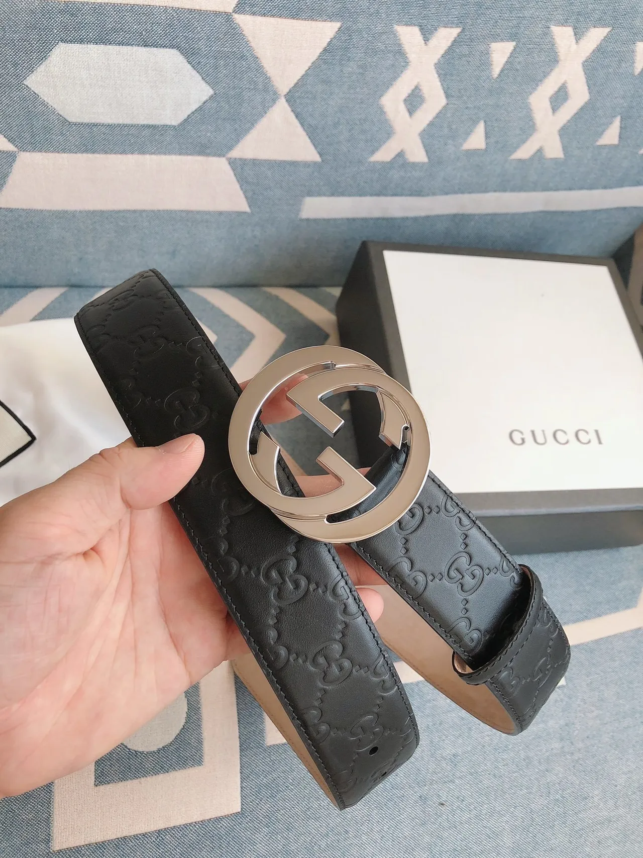 Gucci Double G Belt Black Silver Interlocking Buckle GG Monogram Embossed Leather Belt 6