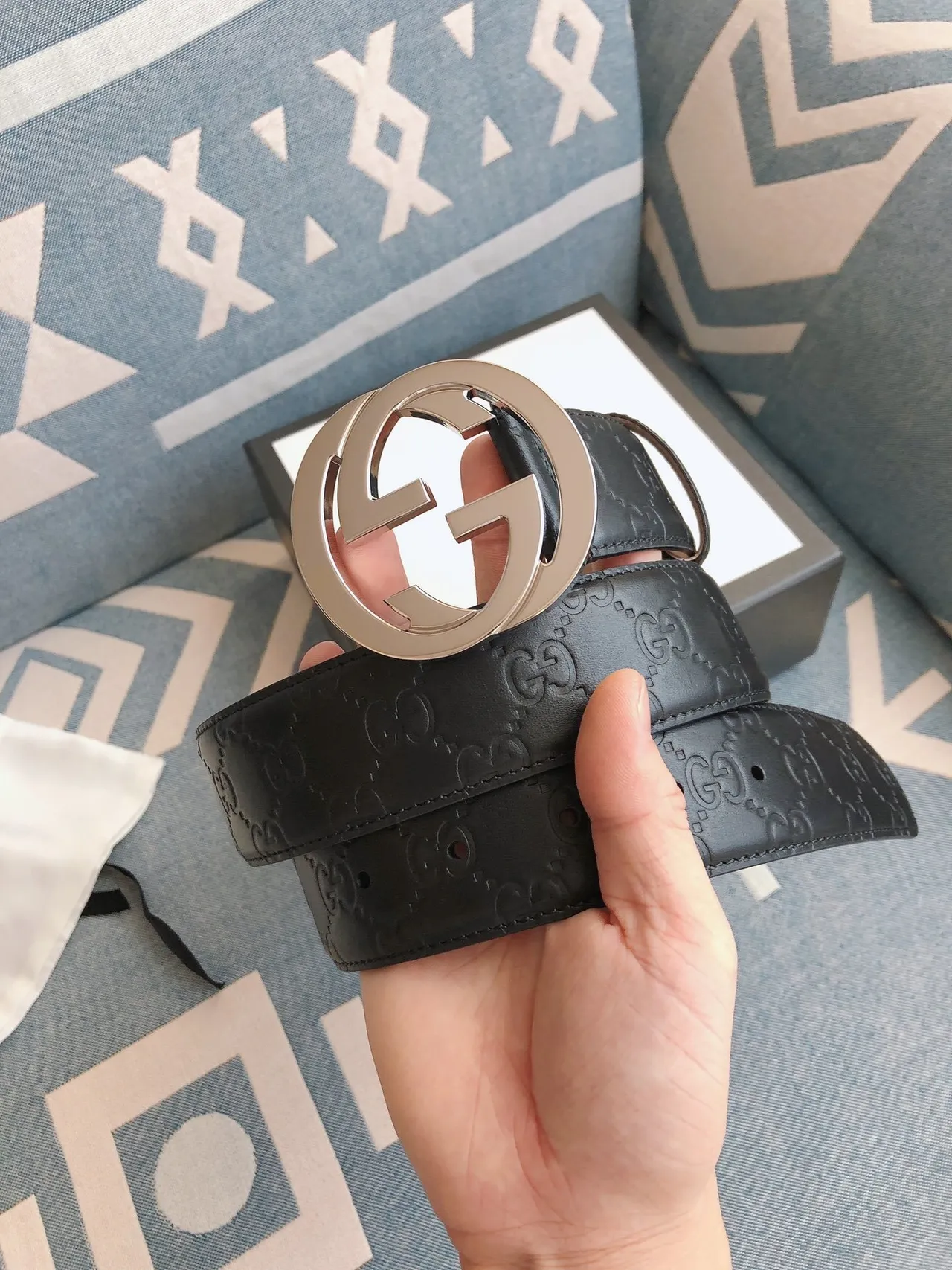Gucci Double G Belt Black Silver Interlocking Buckle GG Monogram Embossed Leather Belt 7