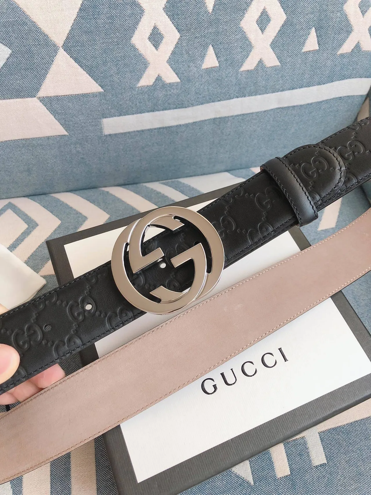 Gucci Double G Belt Black Silver Interlocking Buckle GG Monogram Embossed Leather Belt 8
