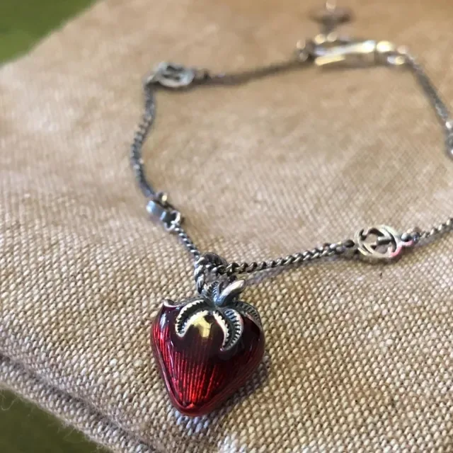 Gucci Enamel Heart Pendant Silver Chain Bracelet 2