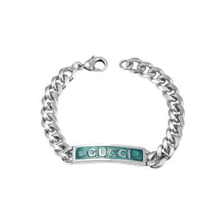 Gucci Placa Esmaltada Pulsera Plata Azul Cadena Curb-Link Pulsera
