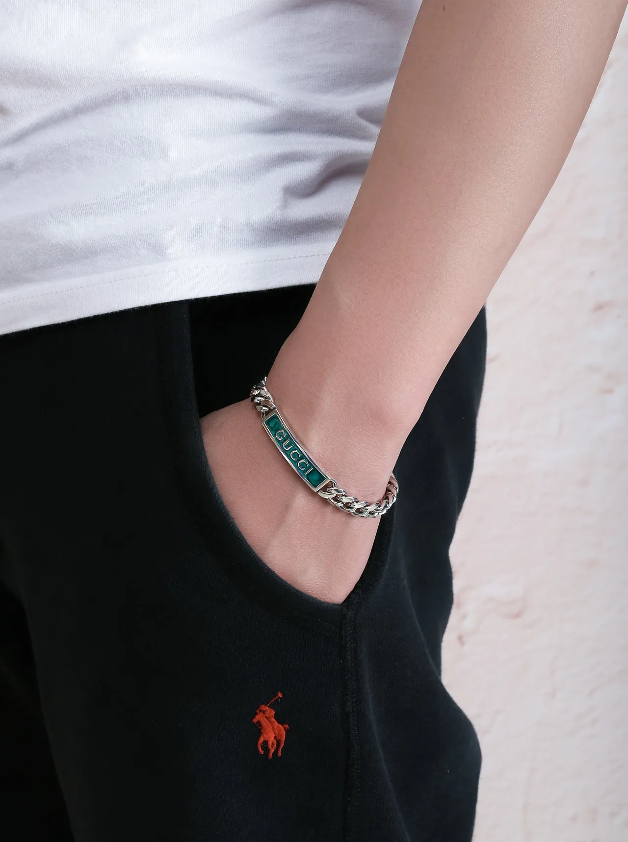 Gucci Enamel Plaque Bracelet Silver Blue Curb-Link Chain Bracelet 2