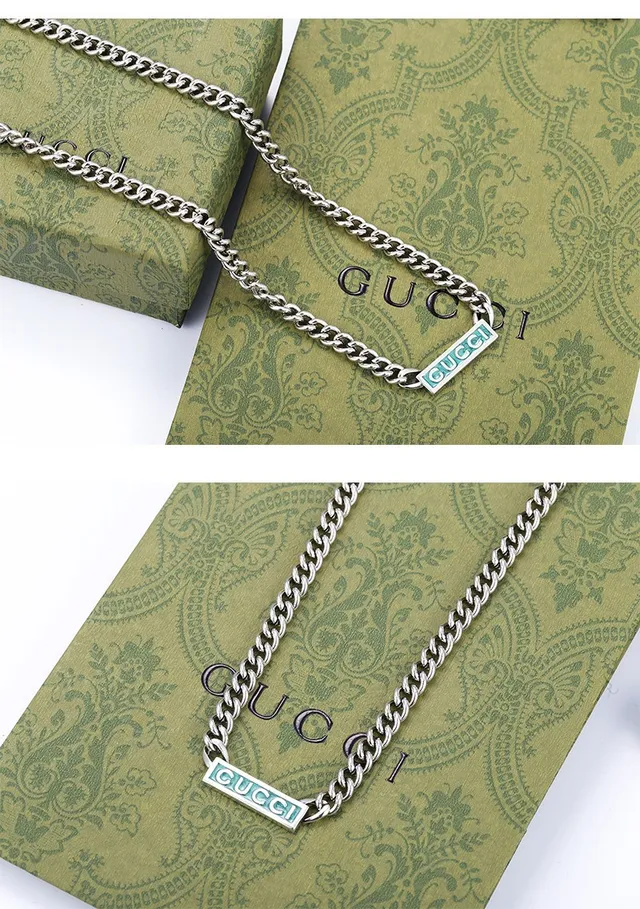 Gucci Enamel Plaque Bracelet Silver Blue Curb-Link Chain Bracelet 4