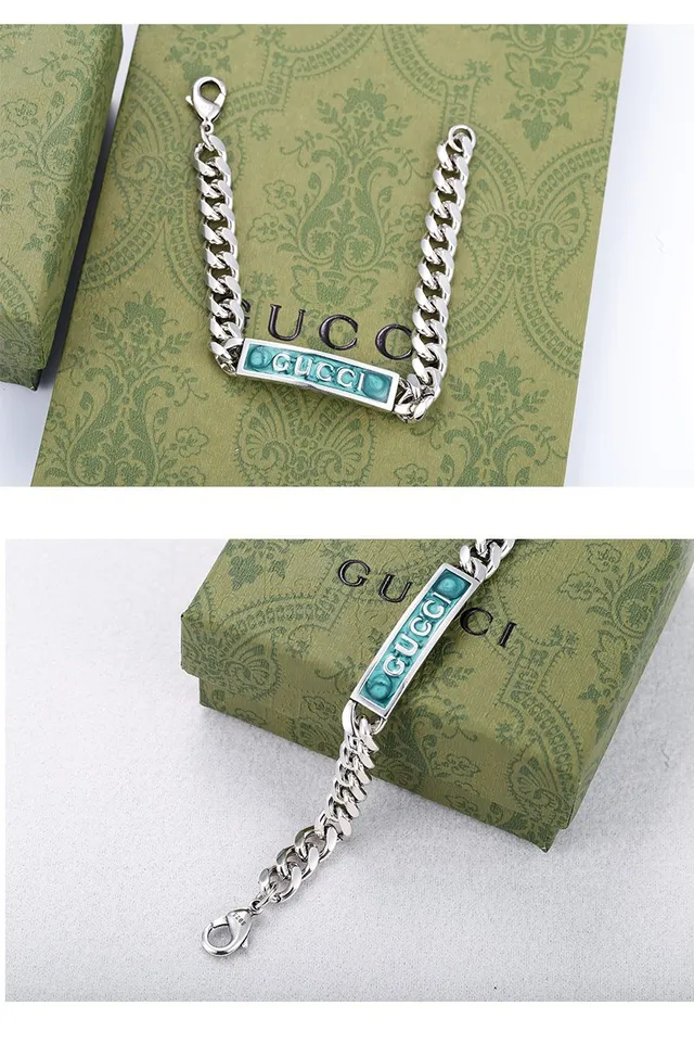 Gucci Enamel Plaque Bracelet Silver Blue Curb-Link Chain Bracelet 5