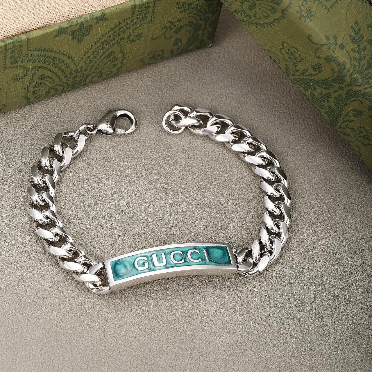 Gucci Enamel Plaque Bracelet Silver Blue Curb-Link Chain Bracelet 7