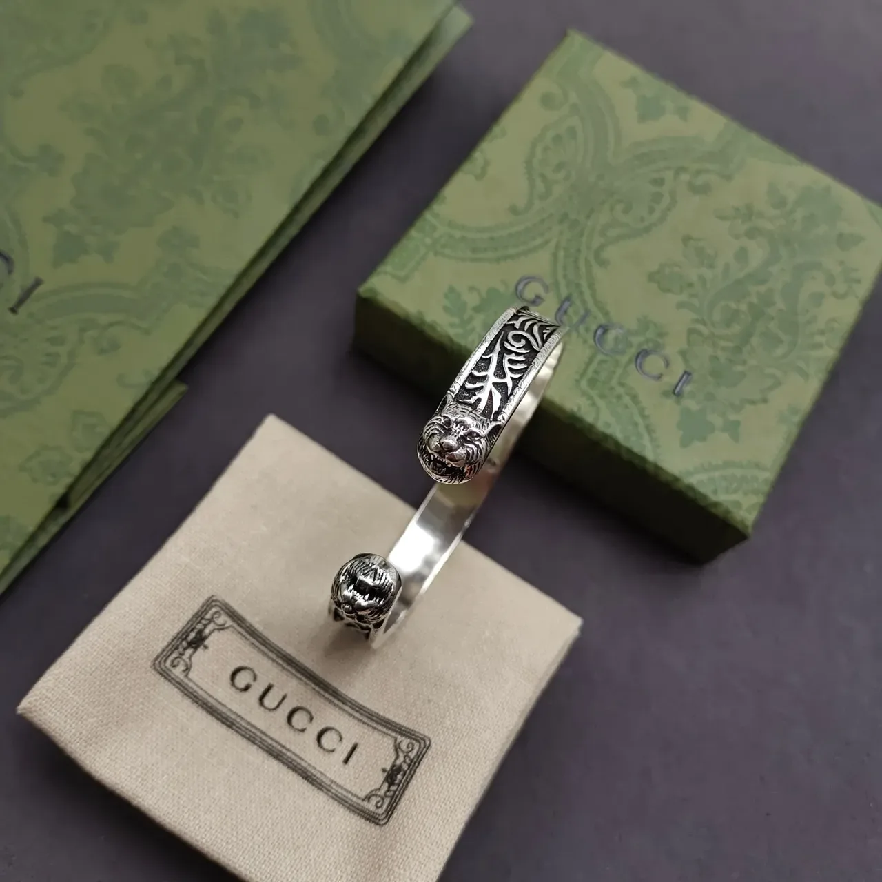 Gucci Engraved Floral Interlocking G Open Cuff Bracelet 2