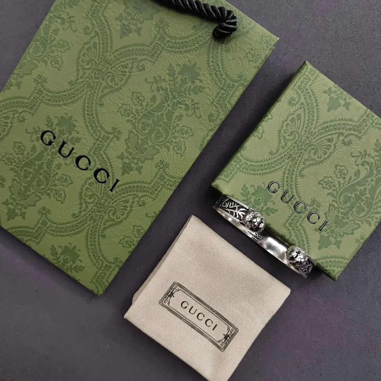 Gucci Engraved Floral Interlocking G Open Cuff Bracelet 6