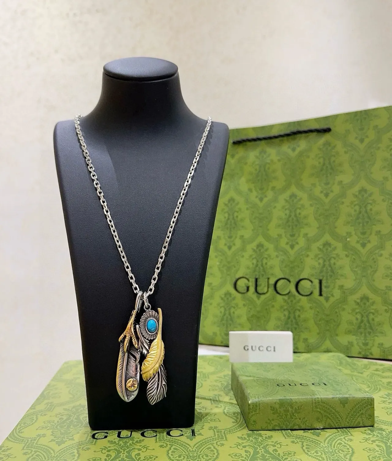 Gucci Feather Pendant Silver Gold Mixed Metal Necklace 3