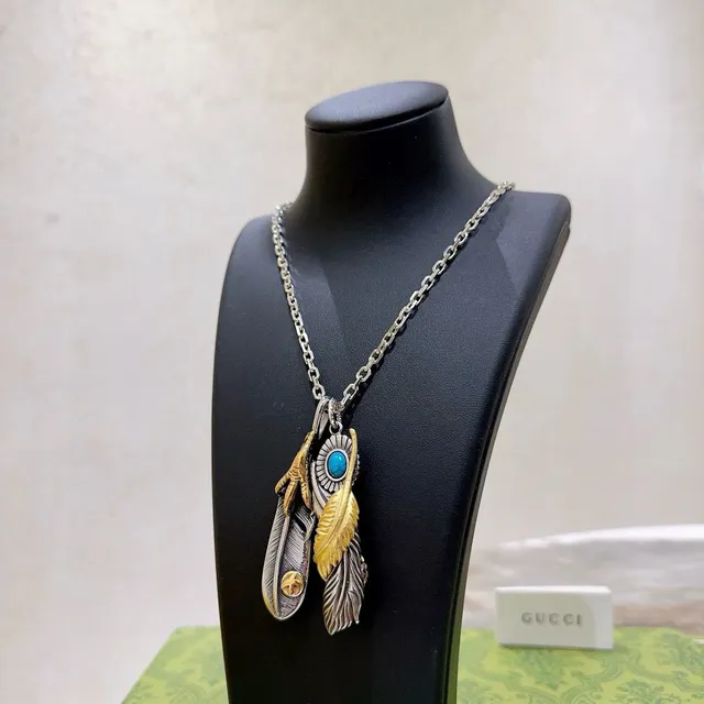 Gucci Feather Pendant Silver Gold Mixed Metal Necklace 5