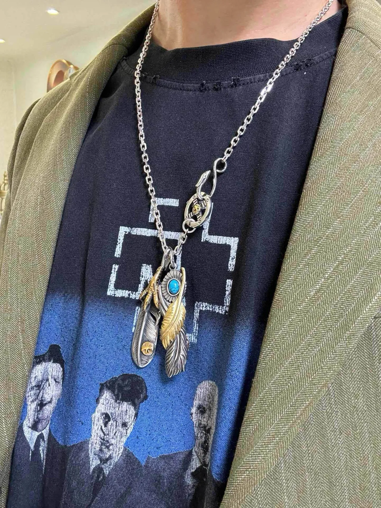 Gucci Feather Pendant Silver Gold Mixed Metal Necklace 6