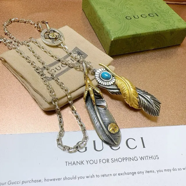 Gucci Feather Pendant Silver Gold Mixed Metal Necklace 7