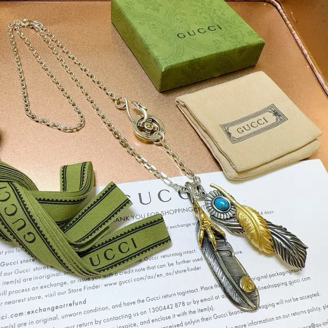 Gucci Feather Pendant Silver Gold Mixed Metal Necklace 2