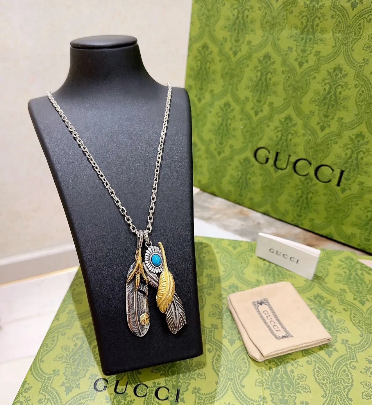 Gucci Feather Pendant Silver Gold Mixed Metal Necklace 9