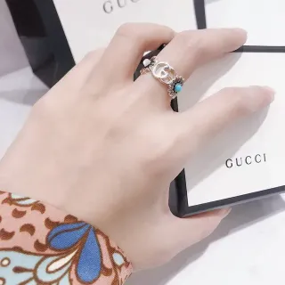 Gucci Flora Silver Blue Interlocking GG Logo Floral Motifs Ring
