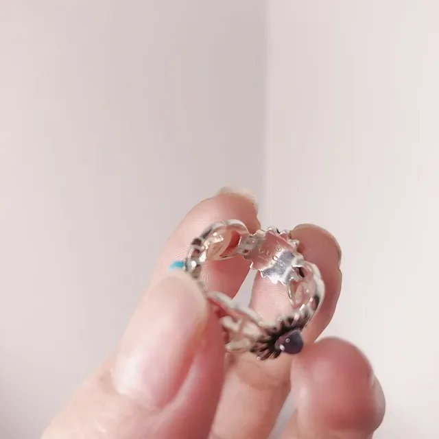 Gucci Flora Silver Blue Interlocking GG Logo Floral Motifs Ring 3