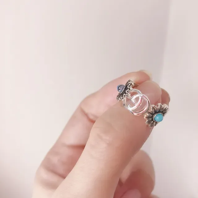 Gucci Flora Silver Blue Interlocking GG Logo Floral Motifs Ring 5