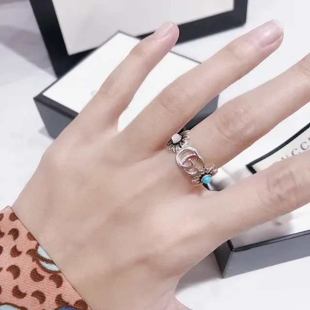 Gucci Flora Silver Blue Interlocking GG Logo Floral Motifs Ring 6