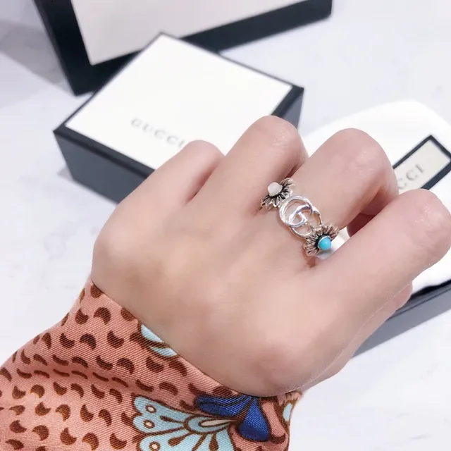 Gucci Flora Silver Blue Interlocking GG Logo Floral Motifs Ring 7