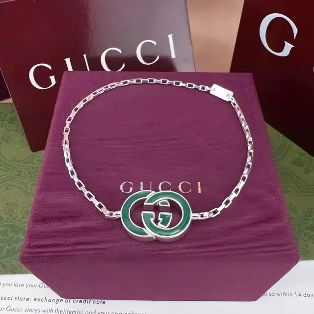 Gucci GG Enamel Bracelet Gold Green Chain Logo Bracelet 3