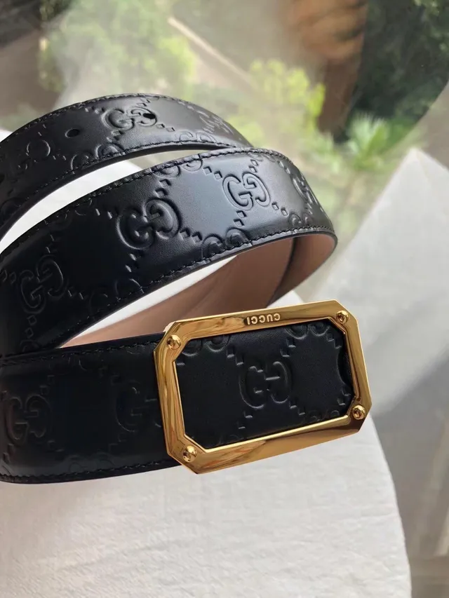 Gucci GG Marmont Black Gold Embossed Monogram Rectangular Buckle Leather Belt 4