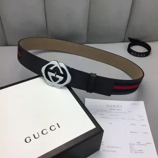 Gucci GG Marmont Black Red Interlocking G Buckle Web Stripe Detail Leather Belt