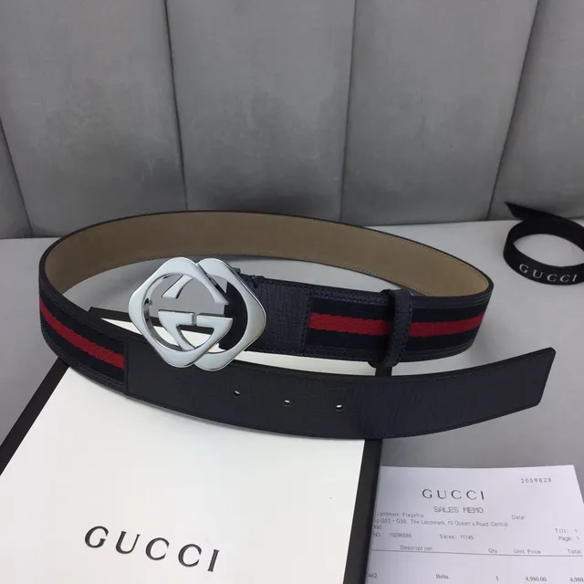 Gucci GG Marmont 黑色红色 interlocking G 扣环 网状条纹细节 皮革腰带 2