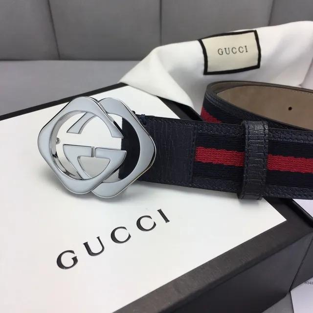 Gucci GG Marmont 黑色红色 interlocking G 扣环 网状条纹细节 皮革腰带 3