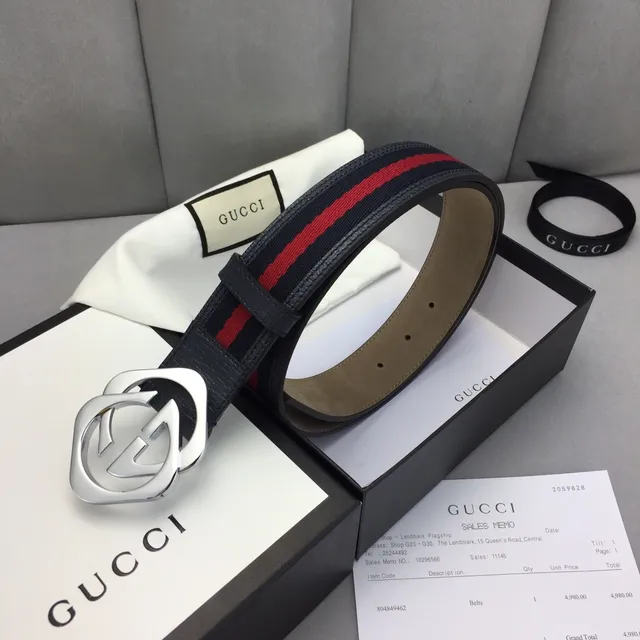 Gucci GG Marmont 黑色红色 interlocking G 扣环 网状条纹细节 皮革腰带 4