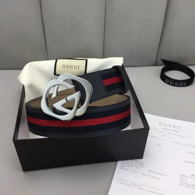 Gucci GG Marmont 黑色红色 interlocking G 扣环 网状条纹细节 皮革腰带 5