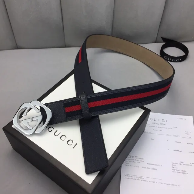Gucci GG Marmont 黑色红色 interlocking G 扣环 网状条纹细节 皮革腰带 6
