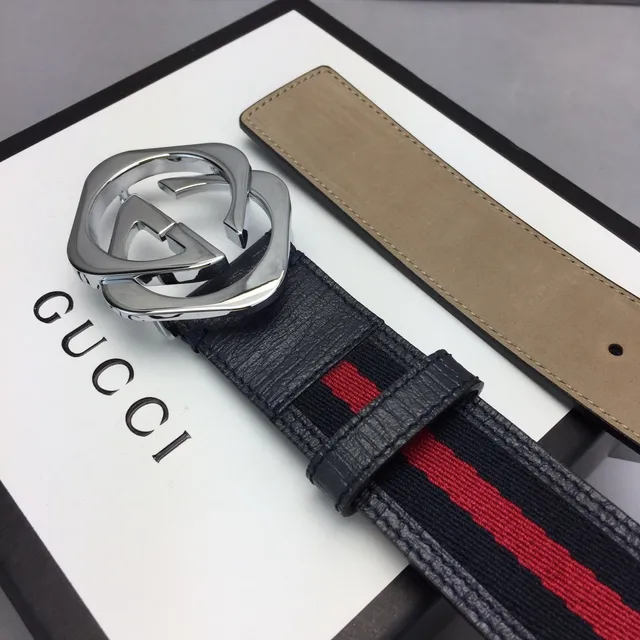 Gucci GG Marmont 黑色红色 interlocking G 扣环 网状条纹细节 皮革腰带 8