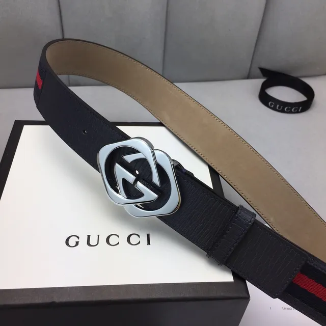 Gucci GG Marmont 黑色红色 interlocking G 扣环 网状条纹细节 皮革腰带 9
