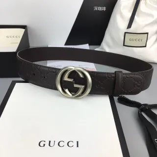 Gucci GG Marmont Brown Silver Embossed Monogram Interlocking G Buckle Leather Belt