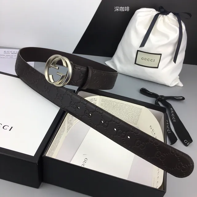 Gucci GG Marmont Brown Silver Embossed Monogram Interlocking G Buckle Leather Belt 2