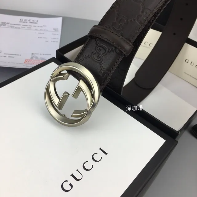 Gucci GG Marmont Brown Silver Embossed Monogram Interlocking G Buckle Leather Belt 3