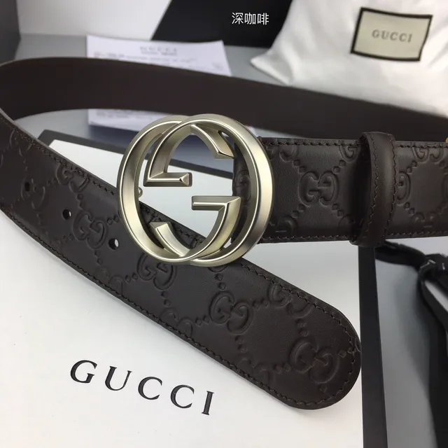 Gucci GG Marmont Brown Silver Embossed Monogram Interlocking G Buckle Leather Belt 5