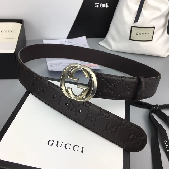 Gucci GG Marmont Brown Silver Embossed Monogram Interlocking G Buckle Leather Belt 6