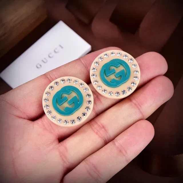 Gucci GG Marmont Crystal-Encrusted Beige and Turquoise Stud Earrings 2